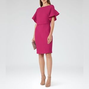 REISS Manila Dress – Fuchsia Pink Ruffle Sleeve Twist Waist (US 6)